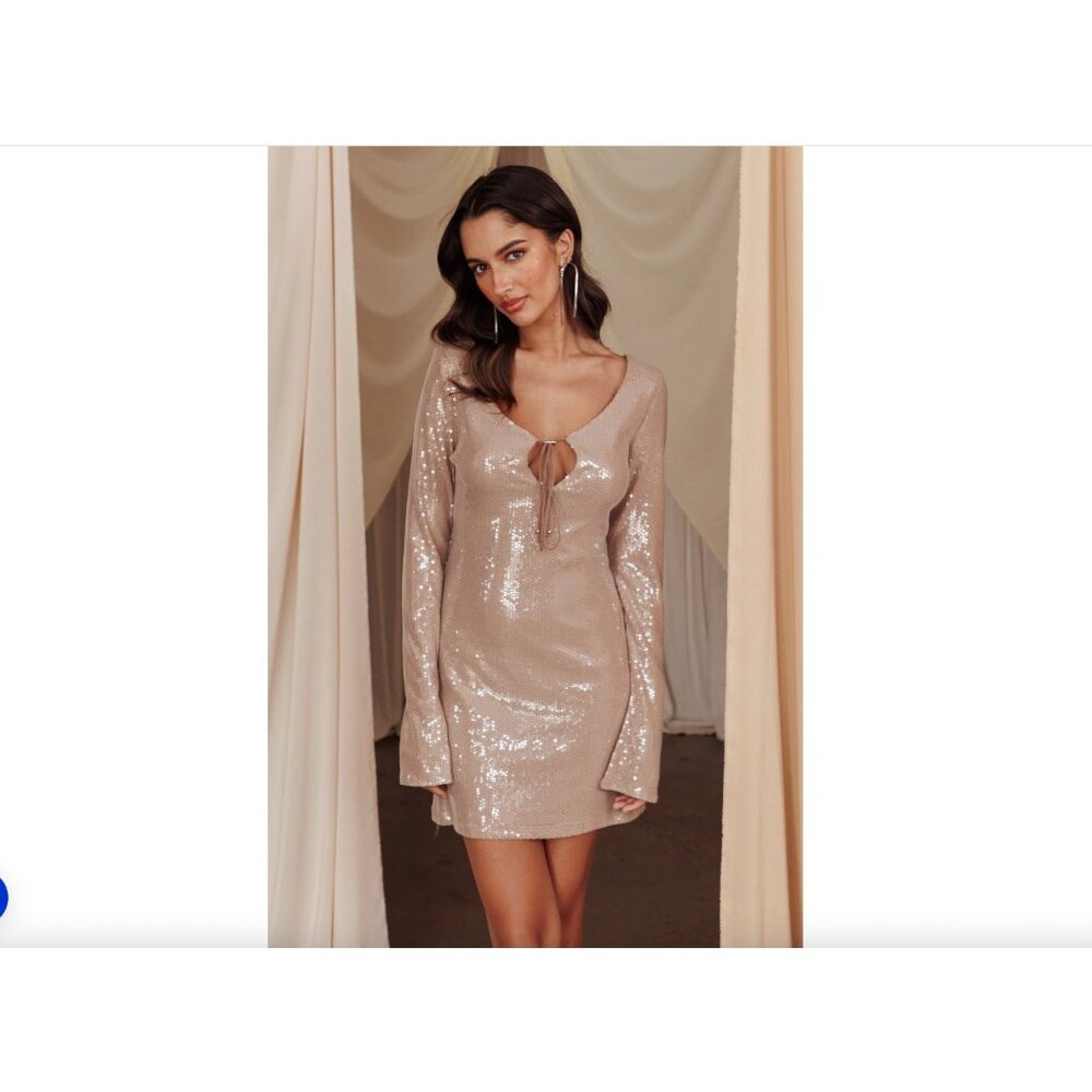 Blue B Collection Dress Womens Small Beige Sequin Long Sleeve Lace Up SL3428